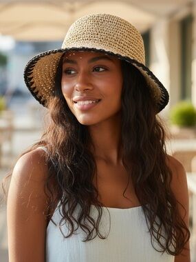 INC International Concepts NWT Crochet Straw Bucket Hat Black Trim Adjustable